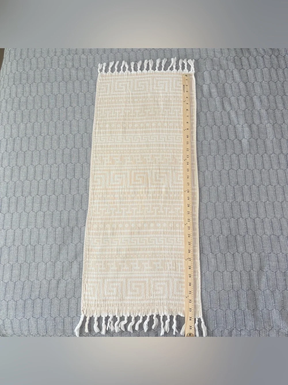 Turkish Cotton Hand Towel Greek Key Beige White Fringe Neutral‎ Fast Drying